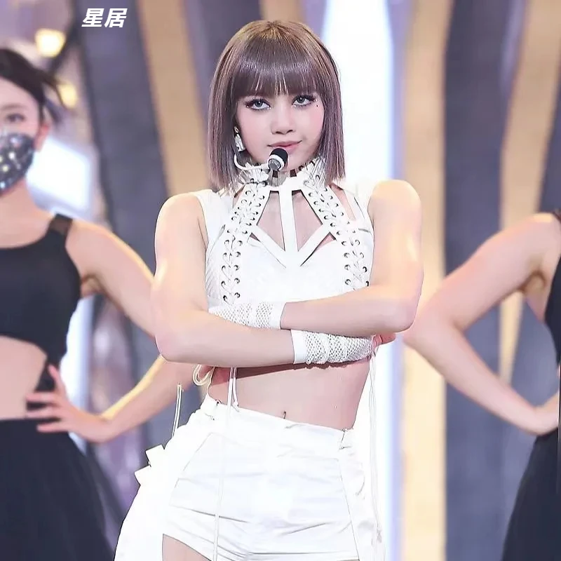 Kpop Korean Women Singer Hip Hop Jazz Dance Outfits Sexy Hollow Out Halter Vest Crop Tops Loose Straight Jeans Y2K Stage Costume
