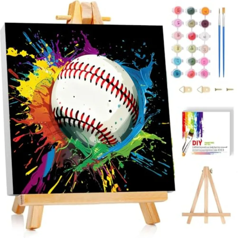 

Baseball Paint by Numbers Kit for with Frame Wooden Easel, Easy Paint by Number Sports, DIY Acrylic Painting by Numbers for Tee