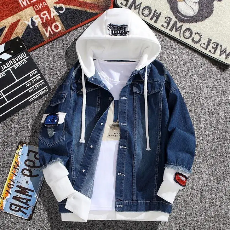 Vintage Denim Jacket Woman Spring Autumn Coat Ripped Hooded Outerwear 2024 Windbreaker Basic Coats Boyfriend Female Jeans Jacket