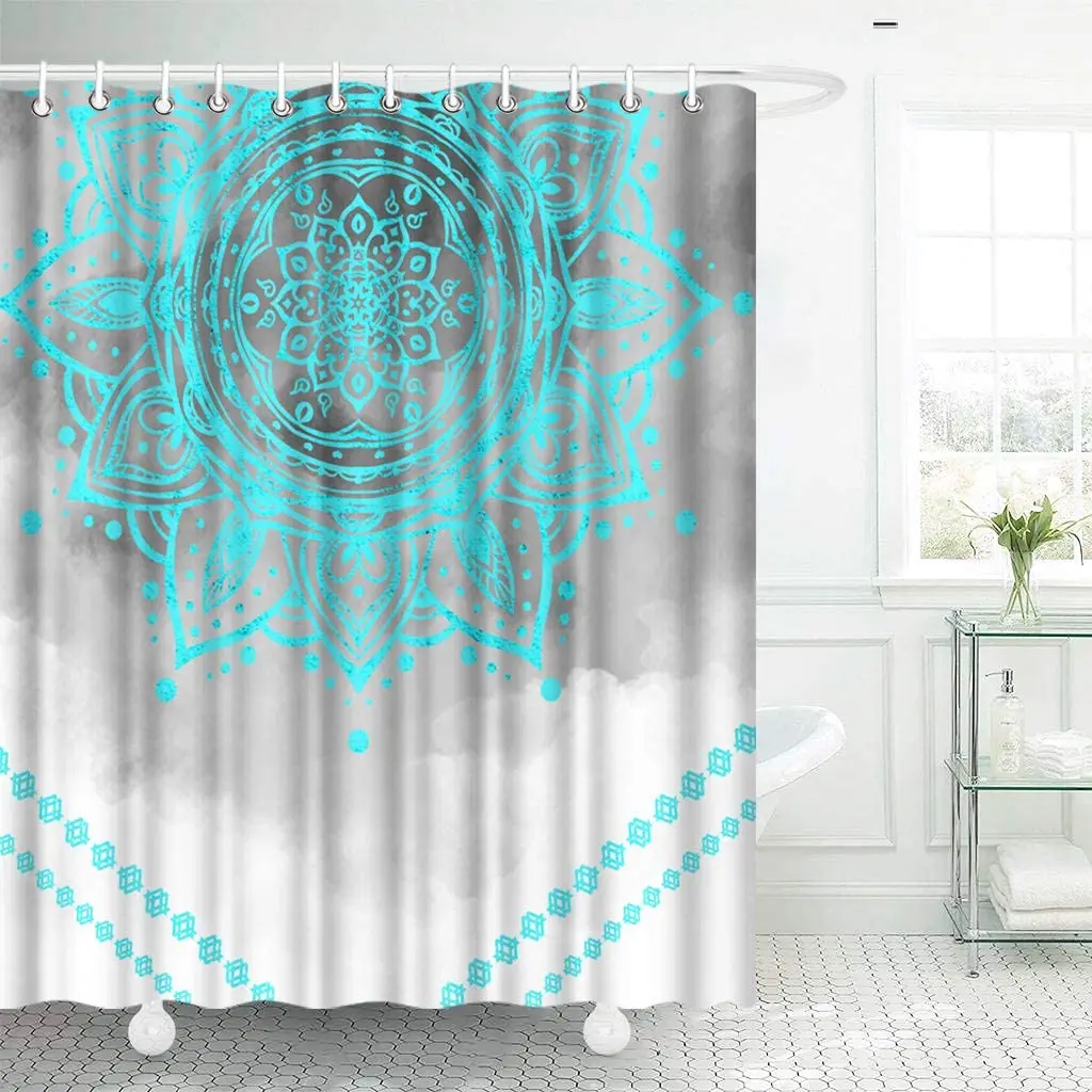 

OuElegent Teal Mandala Shower Curtain Turquoise Bohemian Flowers with Gray Background Bath Curtains Waterproof with Hook Screens