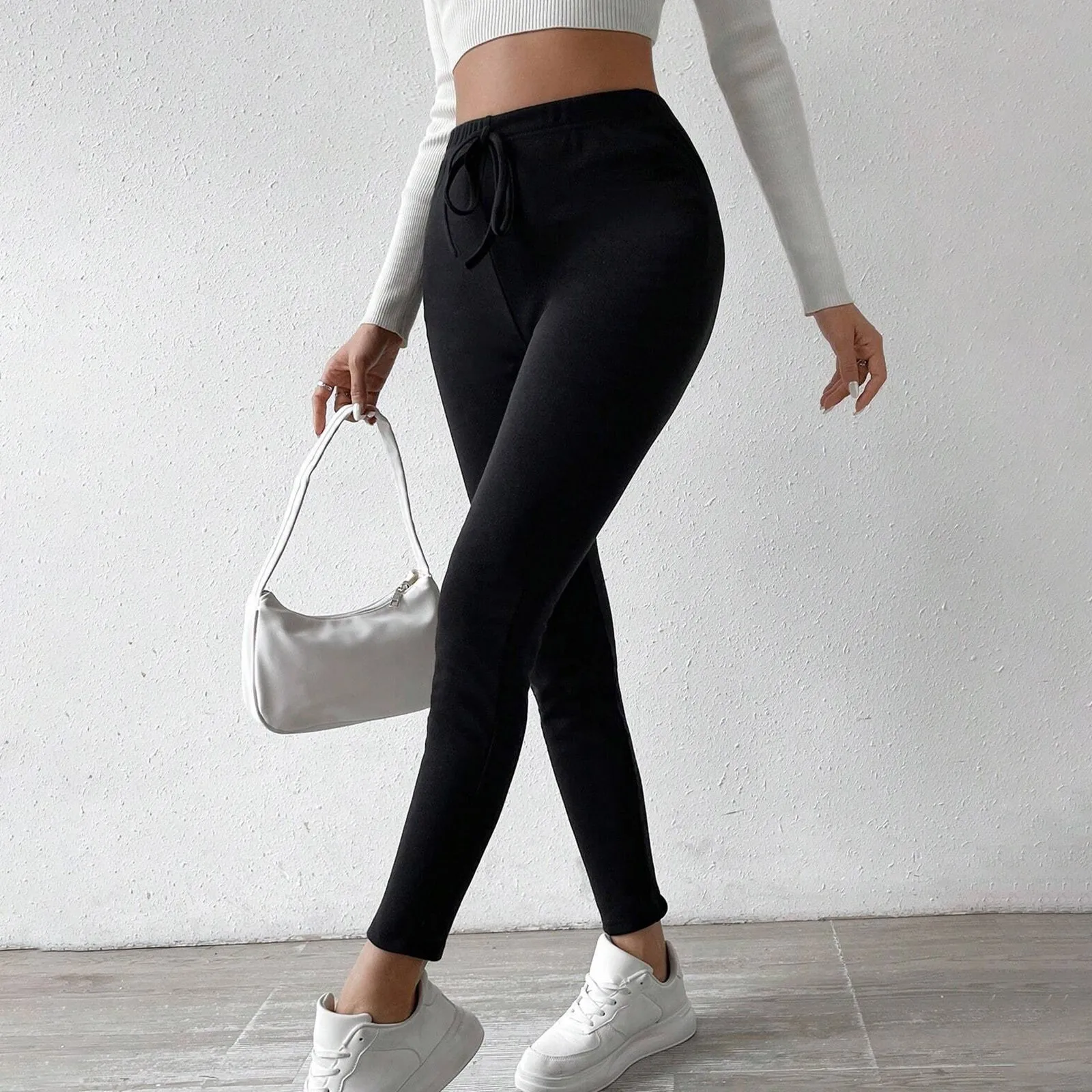 Women Velvet Leggings Fashion Solid Color Casual Trousers Bottom Sweatpants Belt High Waist Slim Fits Sport Pants