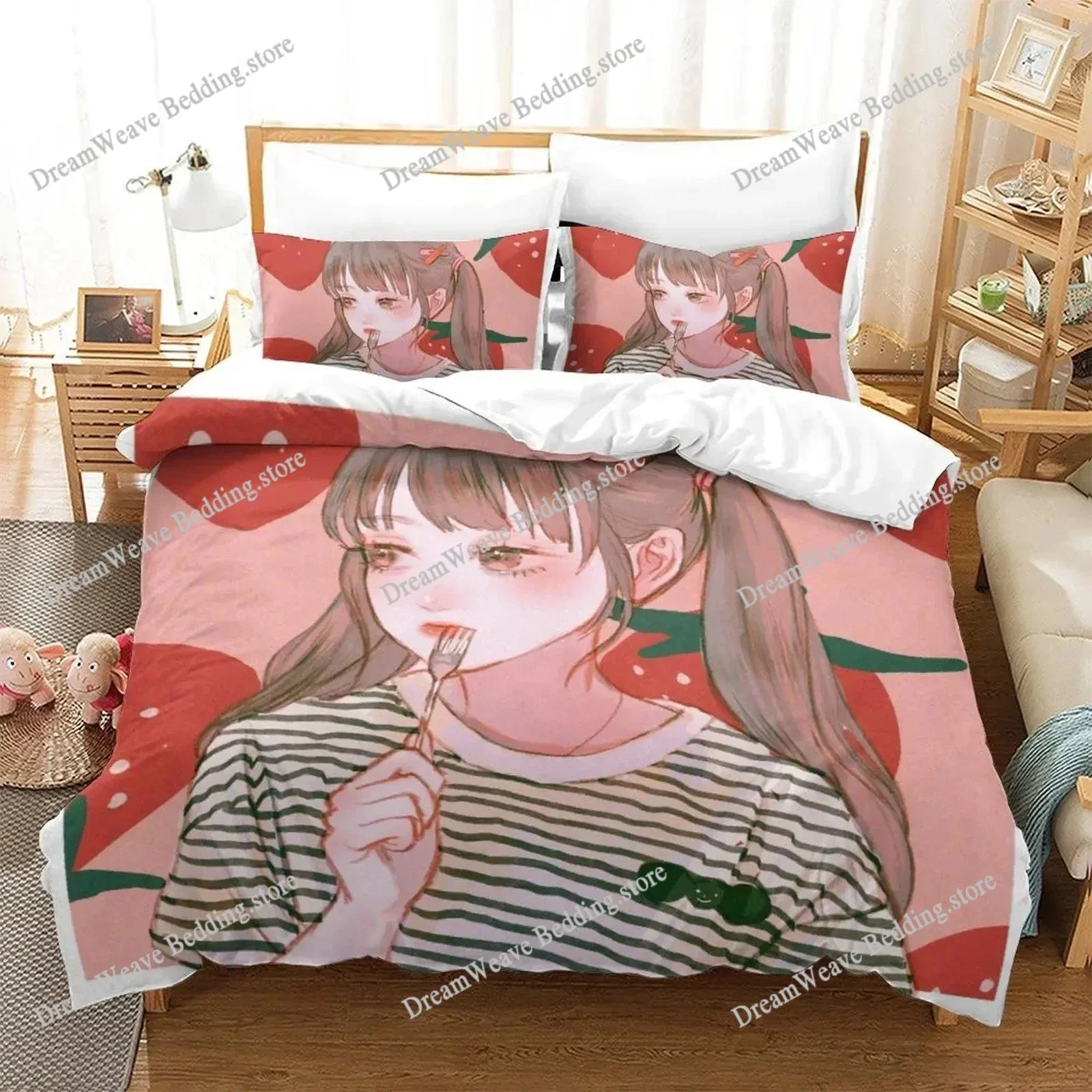 3D Print Aesthetic Girl Art Strawberry Bedding Set Duvet Cover Bed Set Quilt Cover Pillowcase Comforter King Queen Size Adult