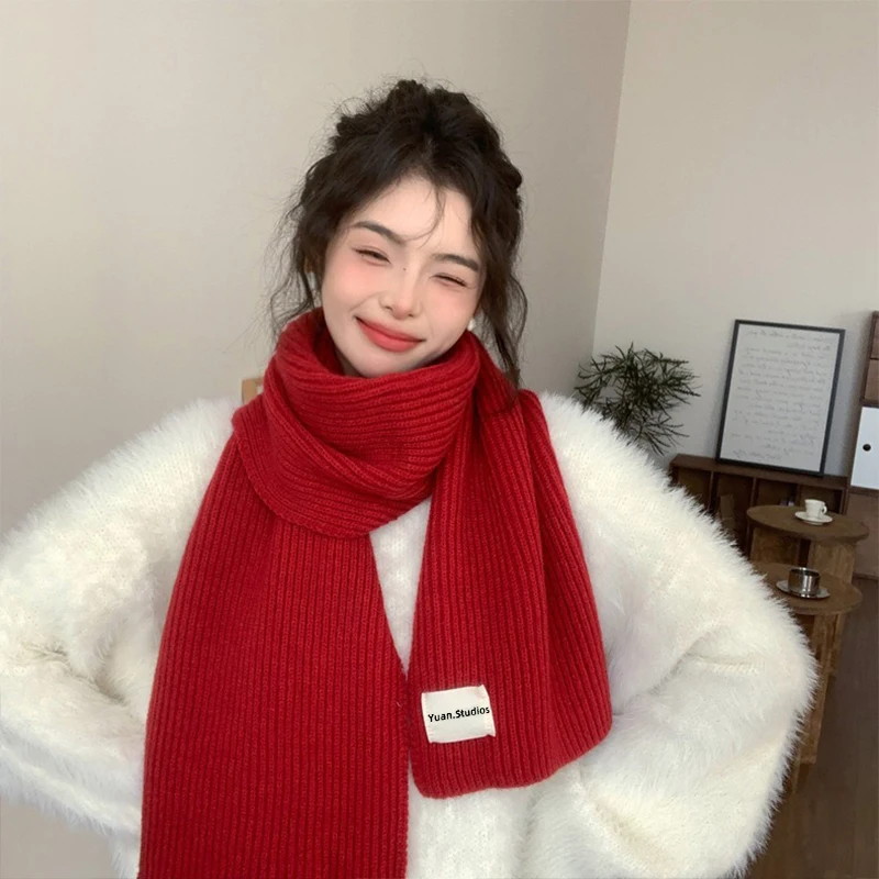 2025 outono e inverno novo lenço de lã de malha macia feminino versátil quente cor sólida grosso casal pescoço cachecol