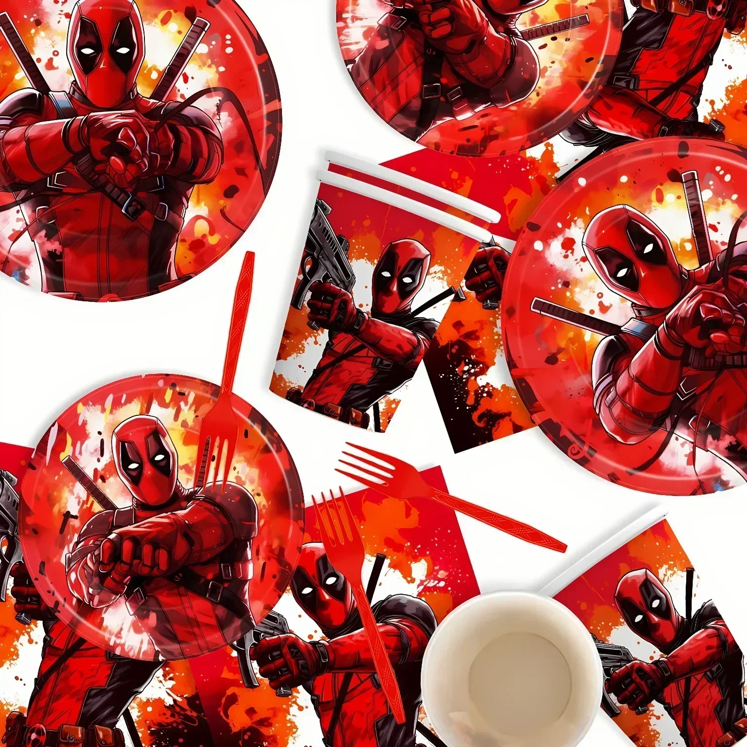 Deadpools-Set de Decoración de cumpleaños para niños, suministros de fiesta con 3 temas, vaso de papel, platillo, tenedor, tejido, Superhéroes, personaje de dibujos animados