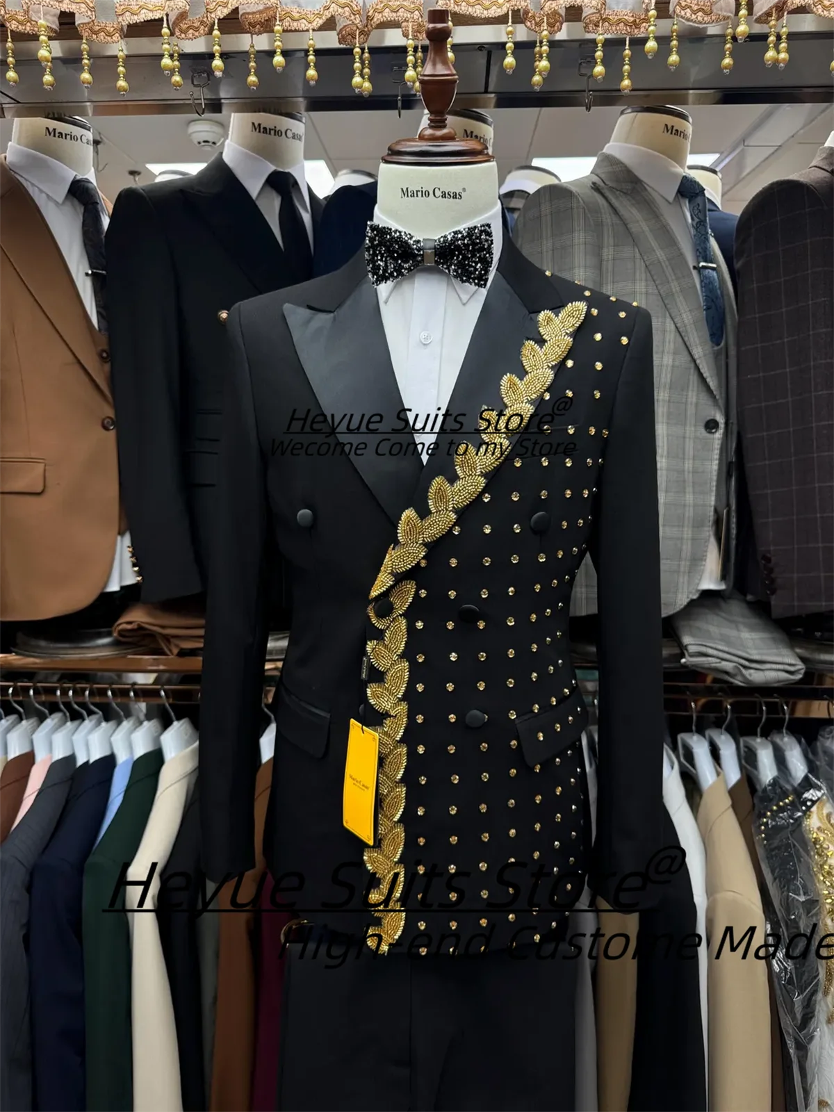 Luxuly Shiny Beading Men Suits Customized Slim Fit Peak Lapel Groom Wedding Tuxedos 2Pieces Sets Male Prom Blazers Costume Homme