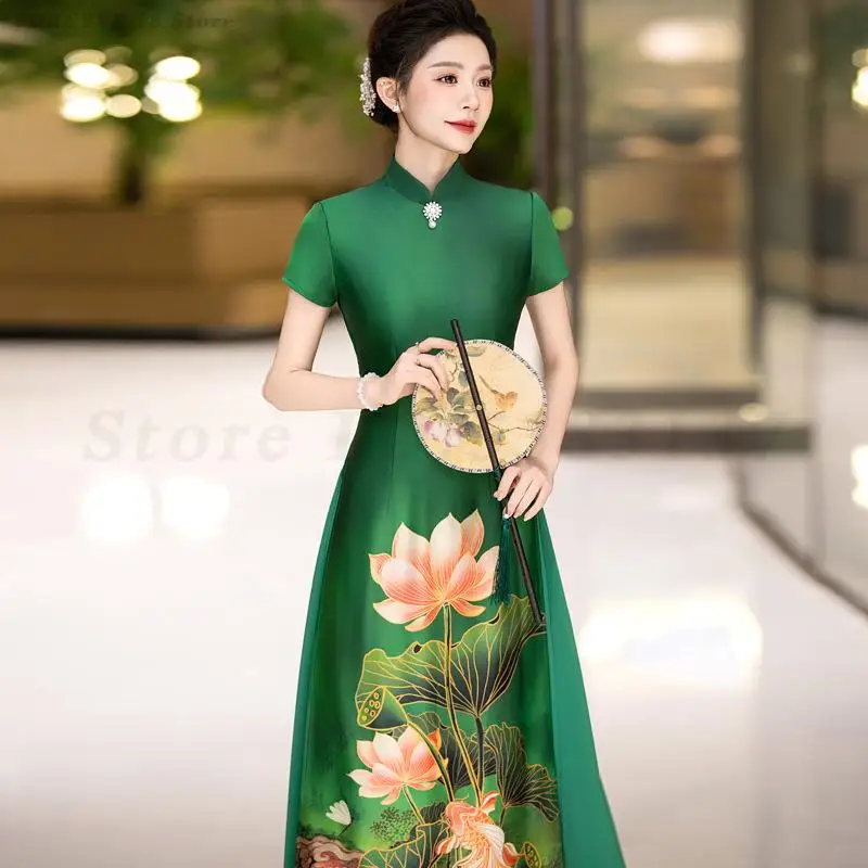 Green Printed Ao Dai Qipao Improved Traditional Mandarin Collar New Chinese  Style Dress Female Elegant Temperament Cheongsam - AliExpress 200000532