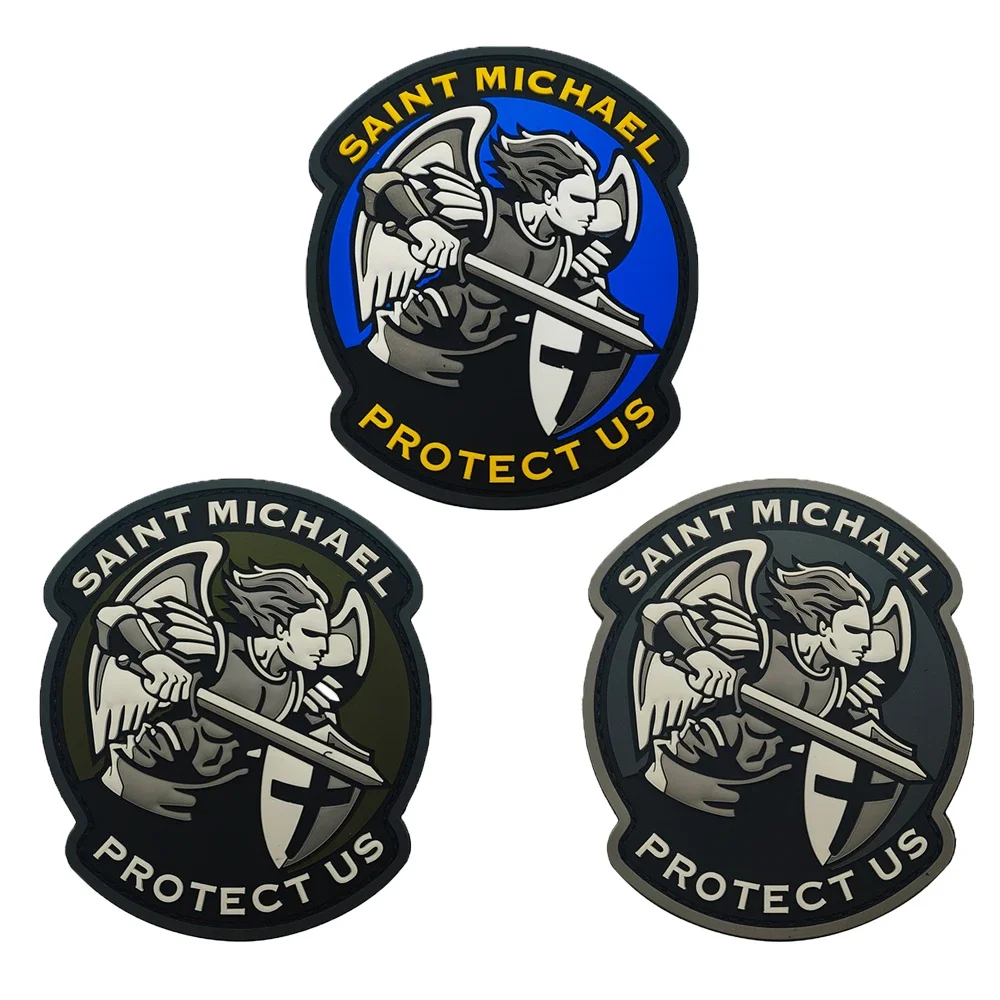 SAINT MICHAEL PROTECT US Rubber Colors Knight Crusades Military Army Style PVC Durable Patch Stick On Outdoor Cap Bag Hat Shirt