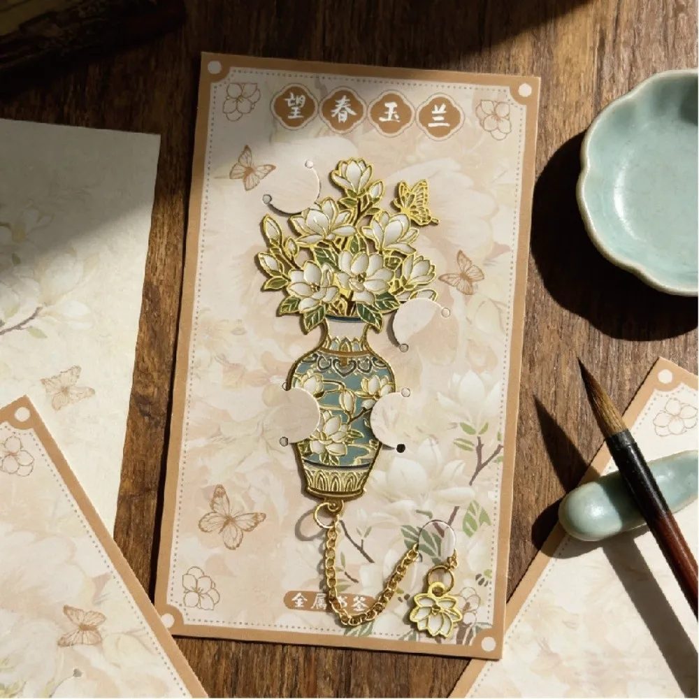 Chinese Design Metal Bookmark Enamel Chain Attachment Flower Book Clip Decorative with Tassel Pendant Vintage Page Marker Office