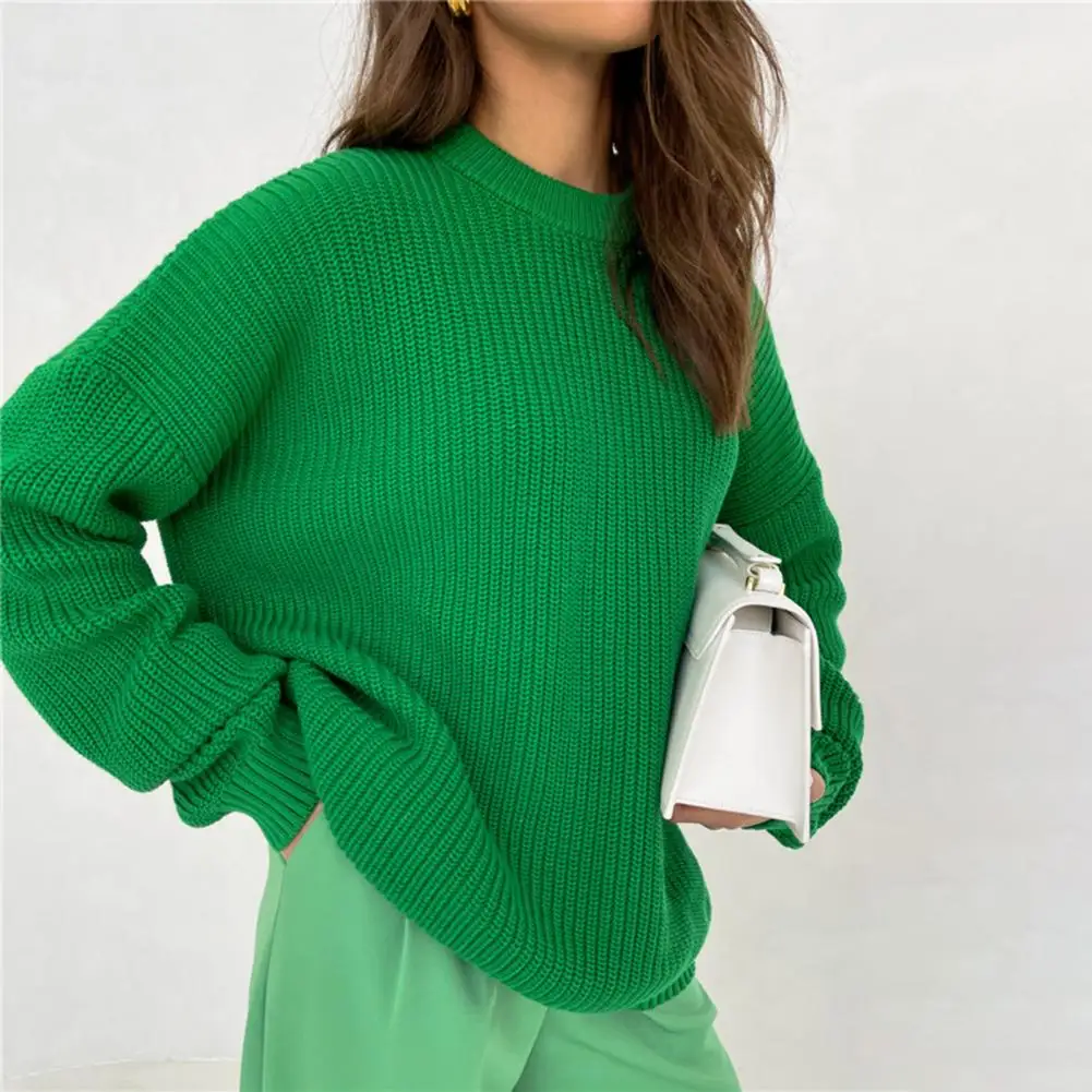 Sweter Lengan Panjang Kerah O Potongan Bergaris Benang Kasar Jumper Musim Dingin Warna Polos Longgar Hangat Pullover Sweter Pakaian Wanita Свитен