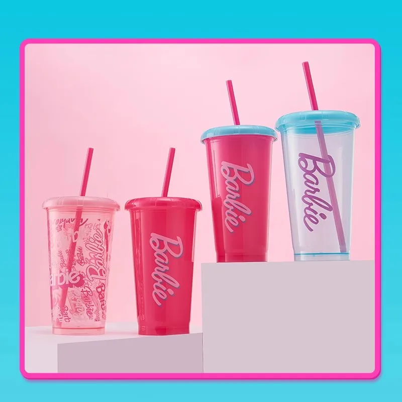 Miniso Barbie Sunshines Series Plastic Straw Cup 520Ml 4Pcs Cold Drink Cup Cute Cartoon Home Party Convenient Use Recyclable