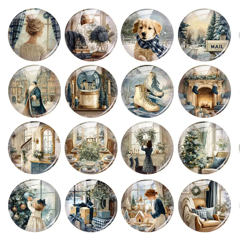 Random Mixed Round/Oval/Square Blue Christmas Winter Tree Dog Photo Glass Cabochon Flatback Demo Cameo For Diy Jewelry Making