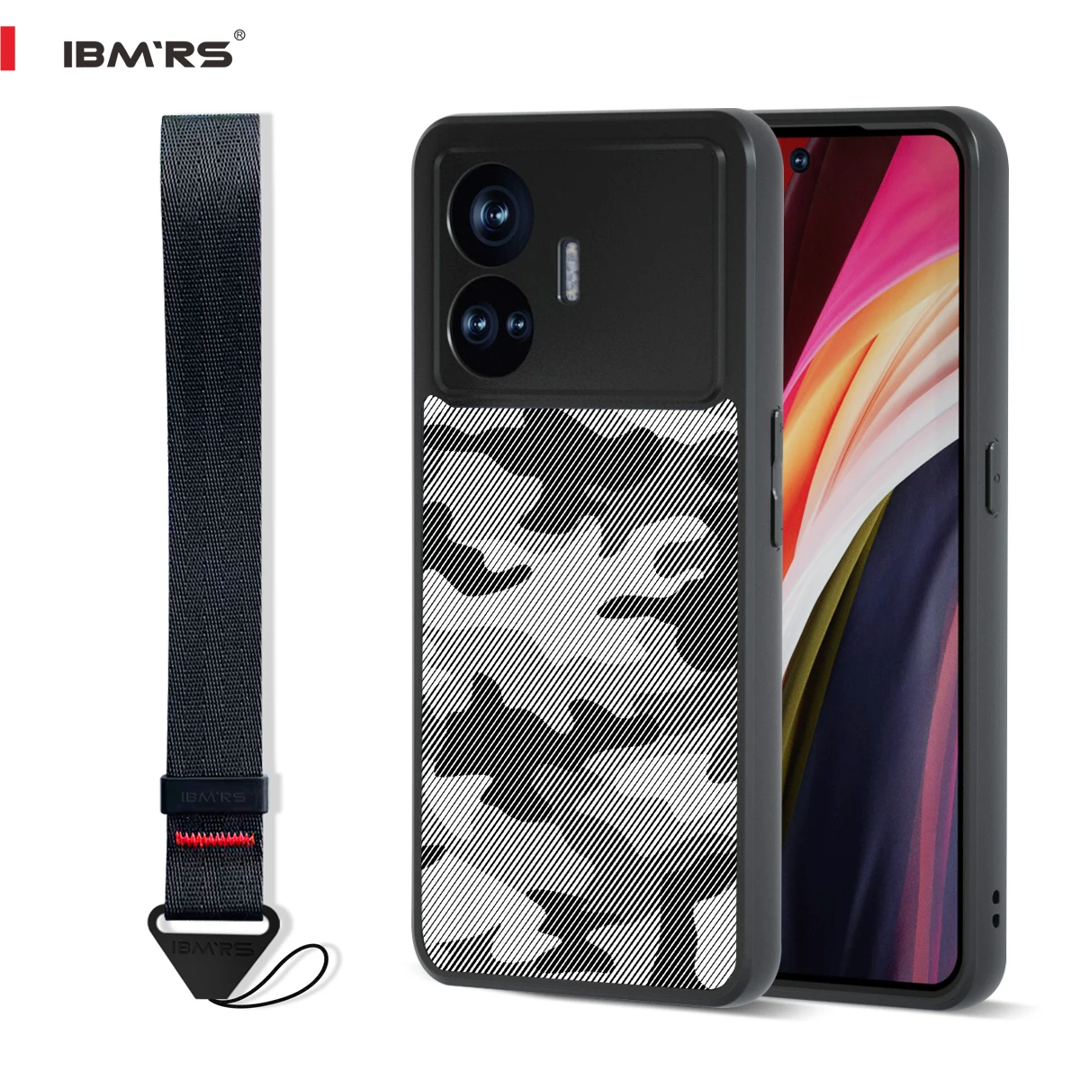 

Anti-Fingerprint Case for Realme GT Neo5 SE, Military Camo TPU+PC Hard Back Cover with Wrist Strap Lanyard