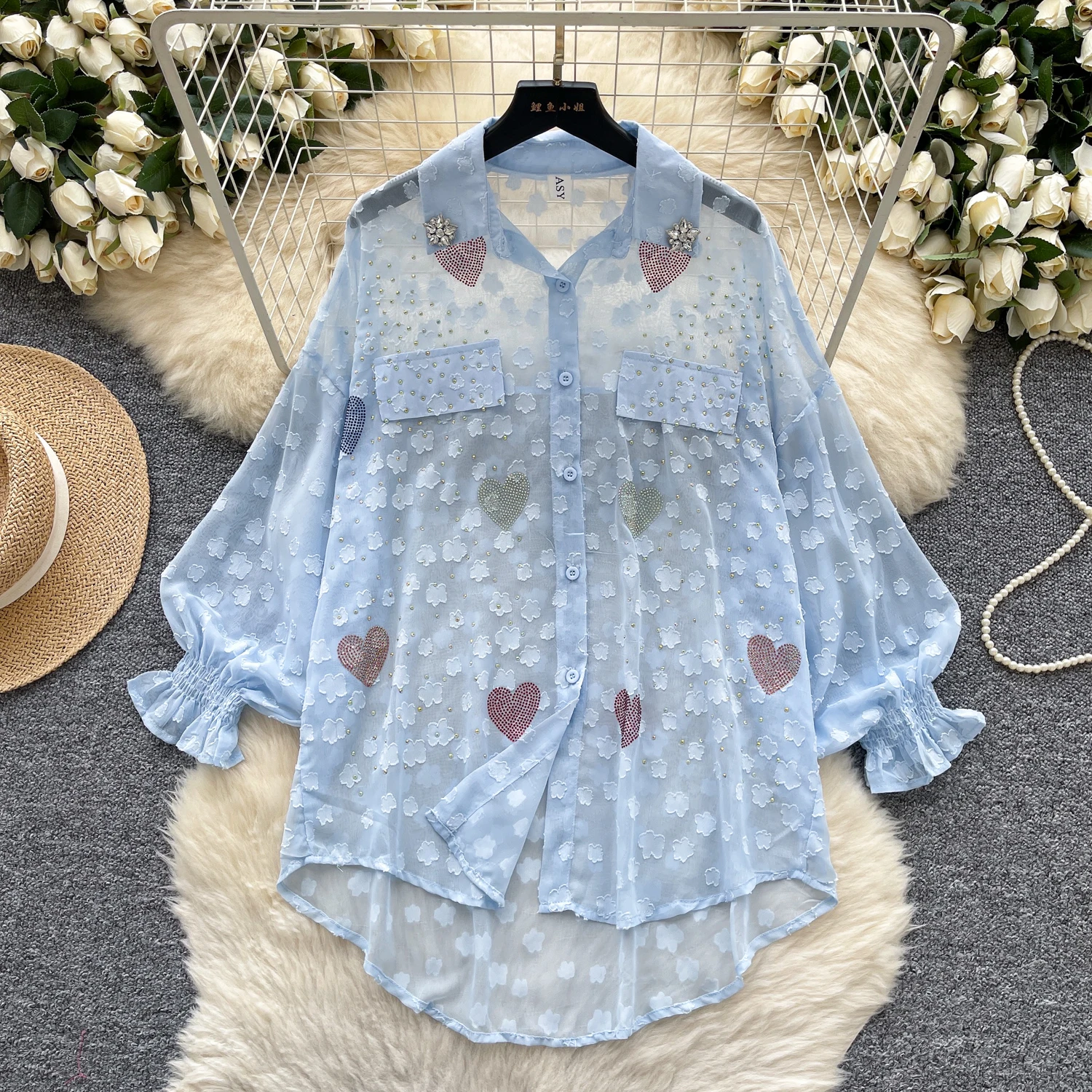 

transparent shirts women long sleeve rhinestones tops lady see through blouse