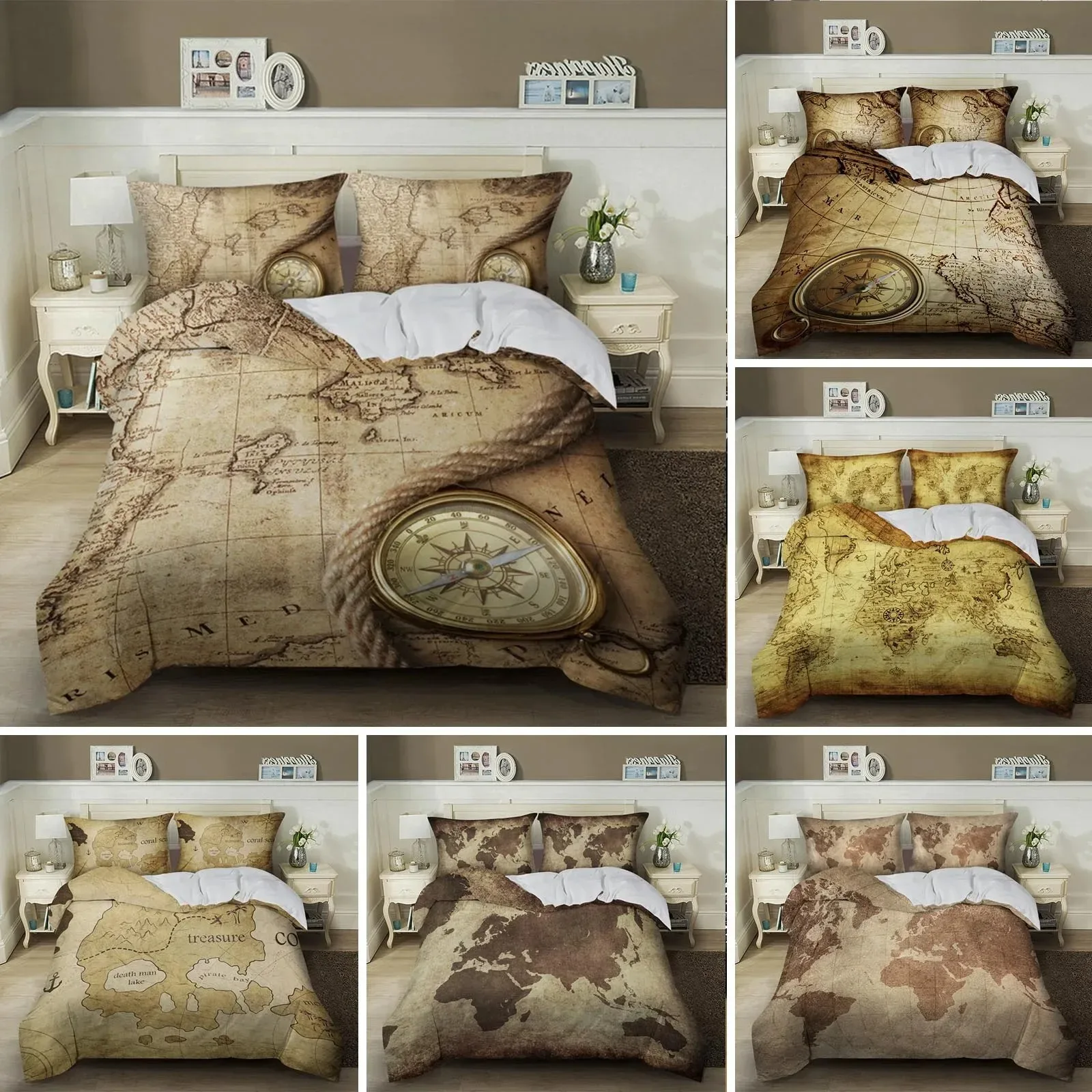 

Nautical Map Bedding Set King Queen Brown Vintage Style Sea World Map Compass Duvet Cover Ocean Map Polyester Comforter Cover