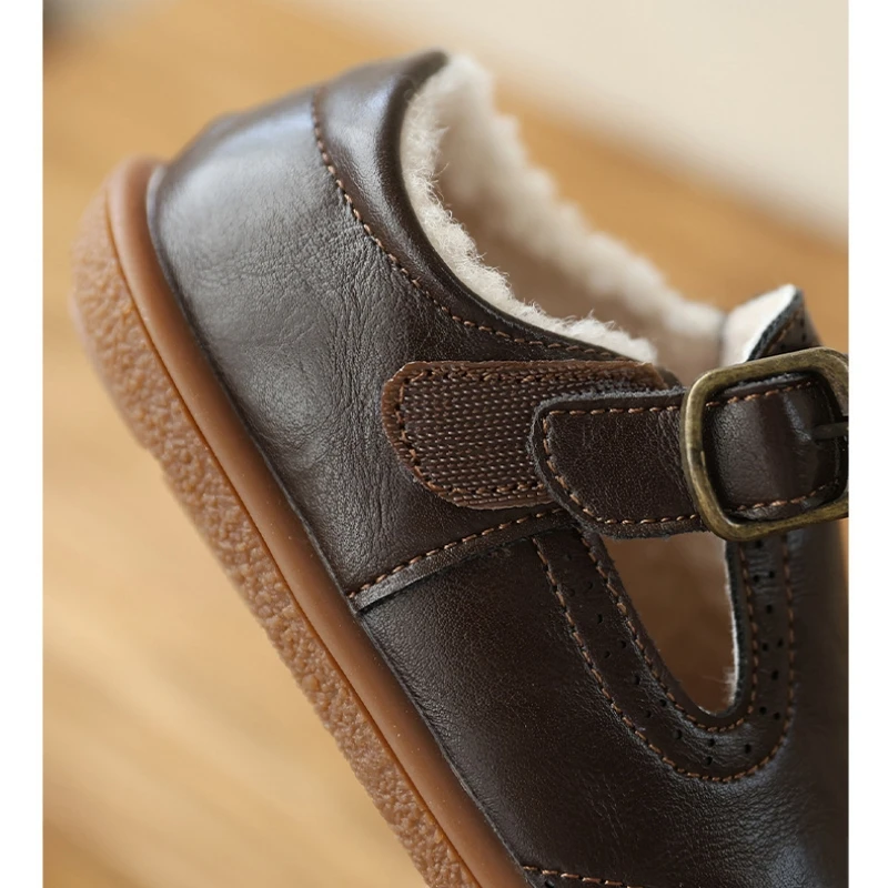 Winter Warm Lining Children Casual Shoes Comfortable Grain Cowhide Leather Baby Girls Cotton Shoes Fashion Boys Kids Flats
