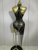 STOCK Sparkly Diamond Sexy Mesh Asymmetric Bodycon Mini Dress Women Nightclub Bar Party Show Gogo Dancer Clothing Stage Costume - Image 3