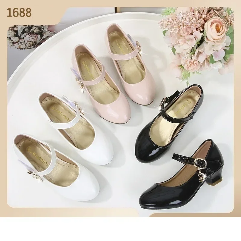 New Children Leather Shoes Girls High Heeled Shoes Campus Student Footwear Kids Fashion Princess Party Performance Dress Shoes