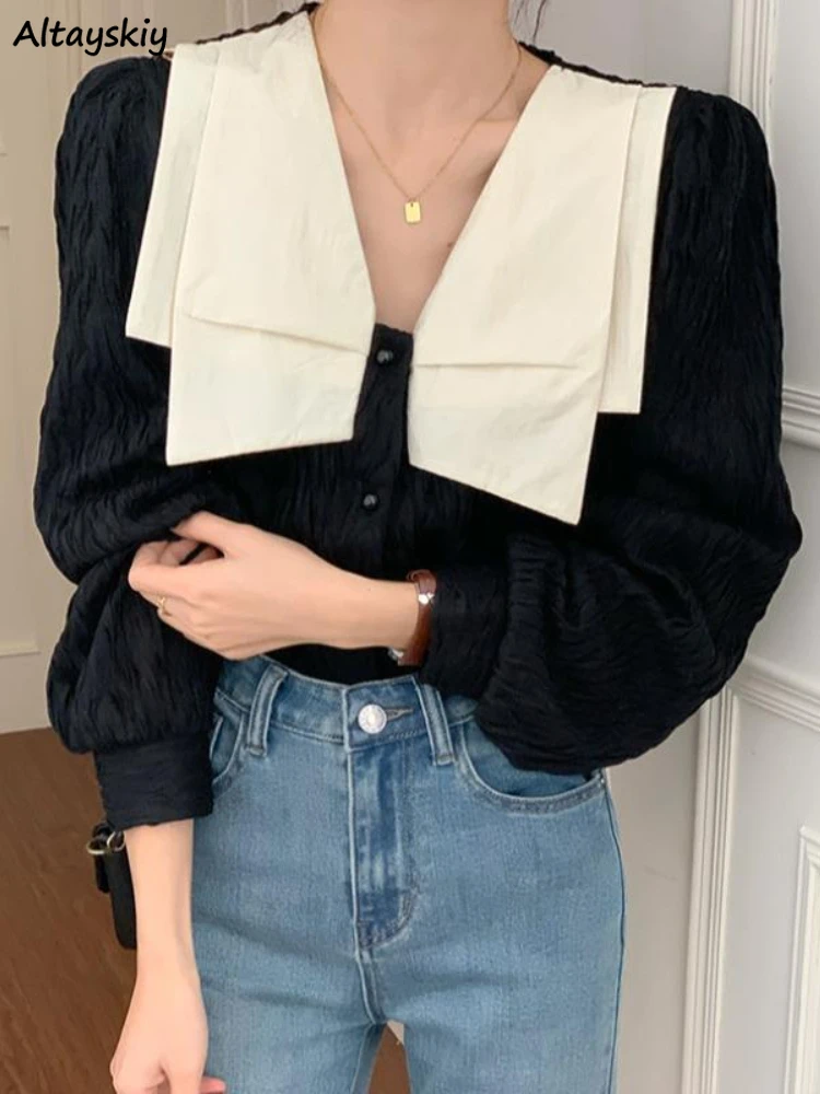 Blouse Women Korean Style Chic New Design Personality Autumn Stylish Girls Simple Patchwork Bow Retro Loose All-match Daily Cozy