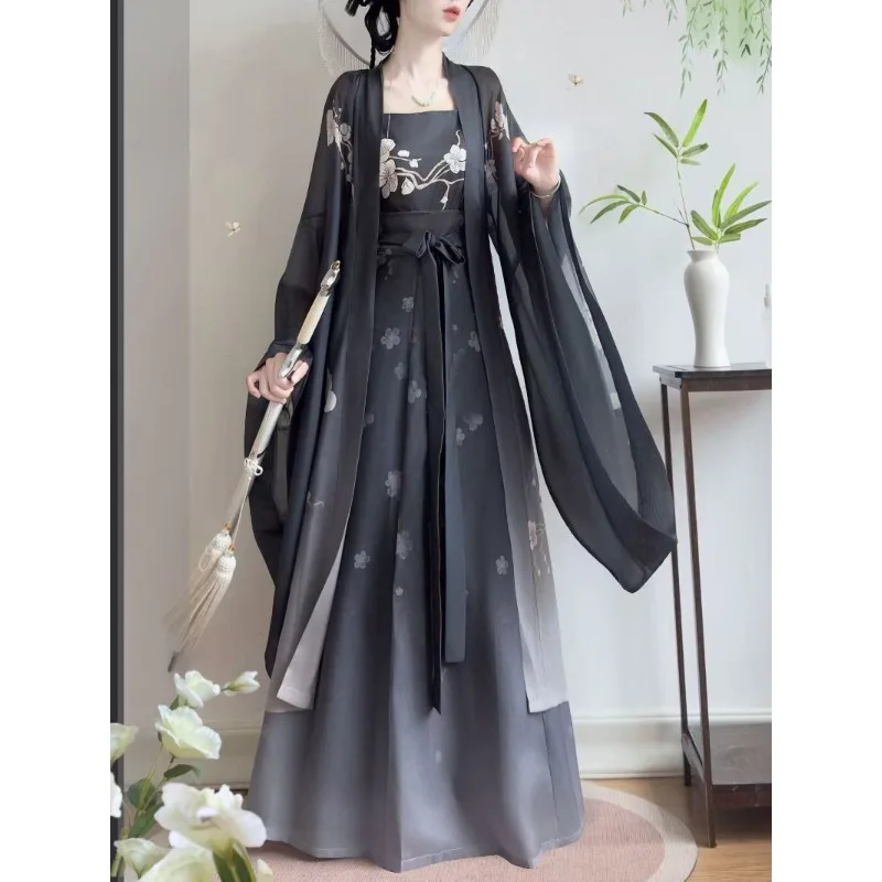 Size Hanfu for Women, Traditional Chinese Song Style Dress, Black Floral Chiffon Robe & Skirt Set Ethnic Cosplay Costume