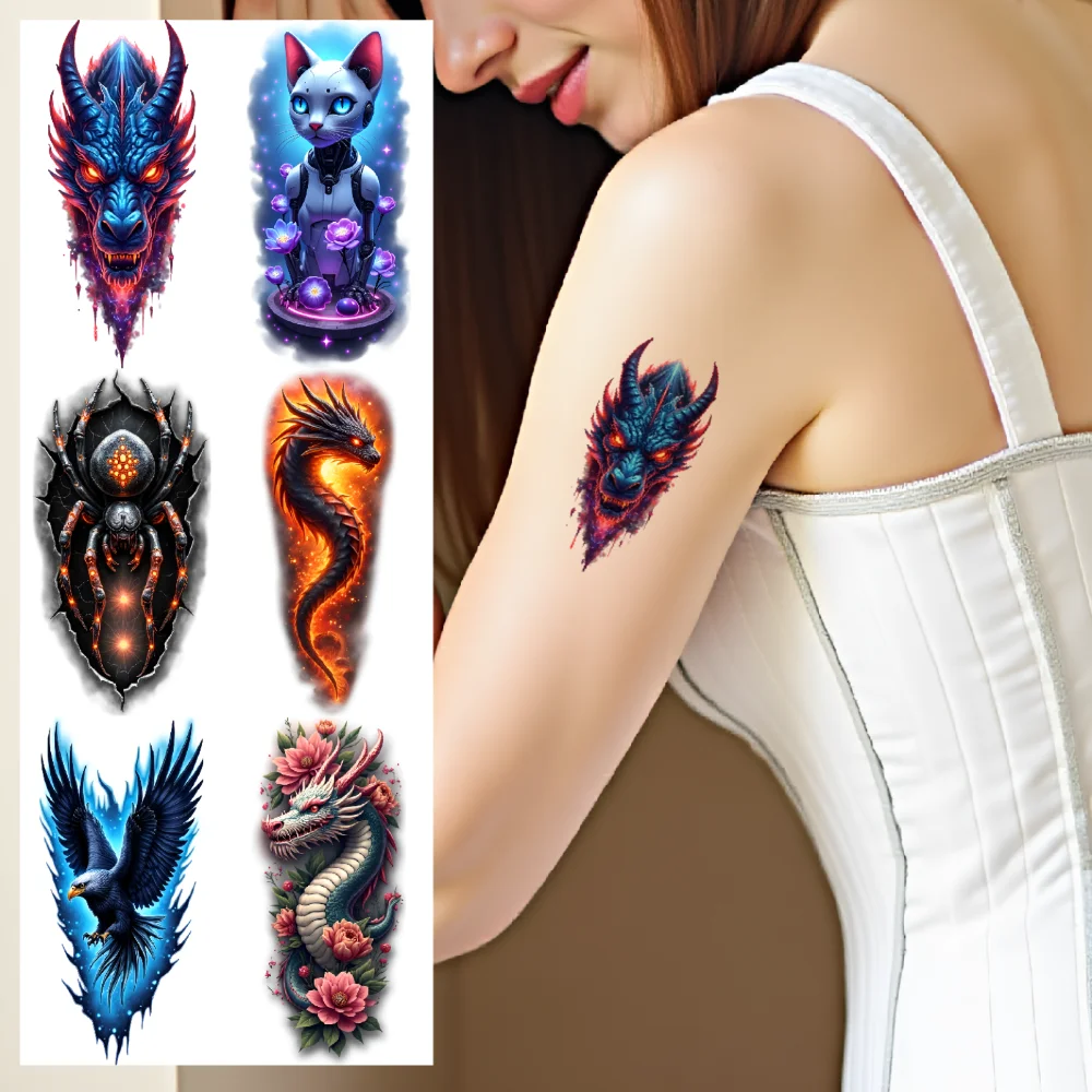 

9pcs Temporary Tattoo Robot Cat Colorful Realism Hummingbird Wolf Waterproof Long-lasting Body Stickers Lizard For Thighs
