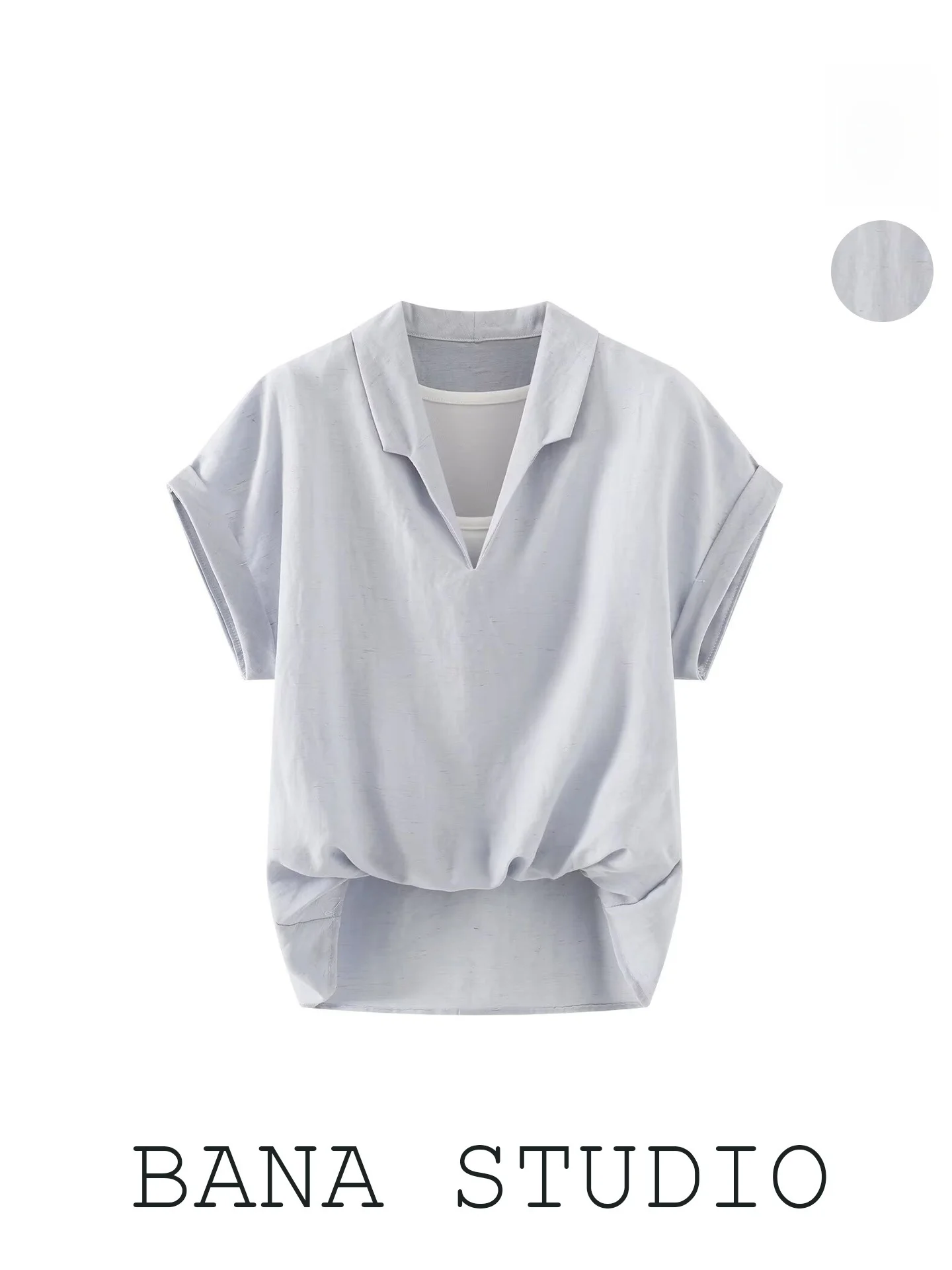 

BANA Women's Loose Short Sleeve Shirt Fake Two-Piece Lightweight Summer Cotton Polyester Blend Minimalist Style Basic Length