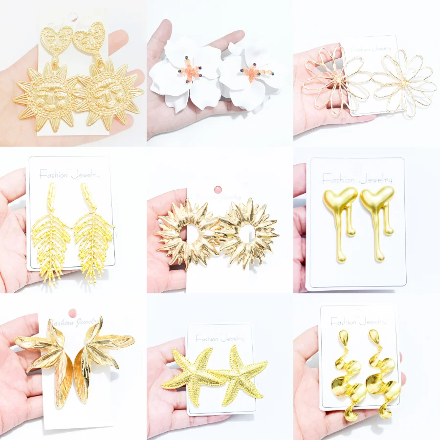 Alloy Big Flower Studs Earrings for Women Golden Starfish Fallen Leaves Sun Circle Heart Ear Rings Jewelry Party Gifts