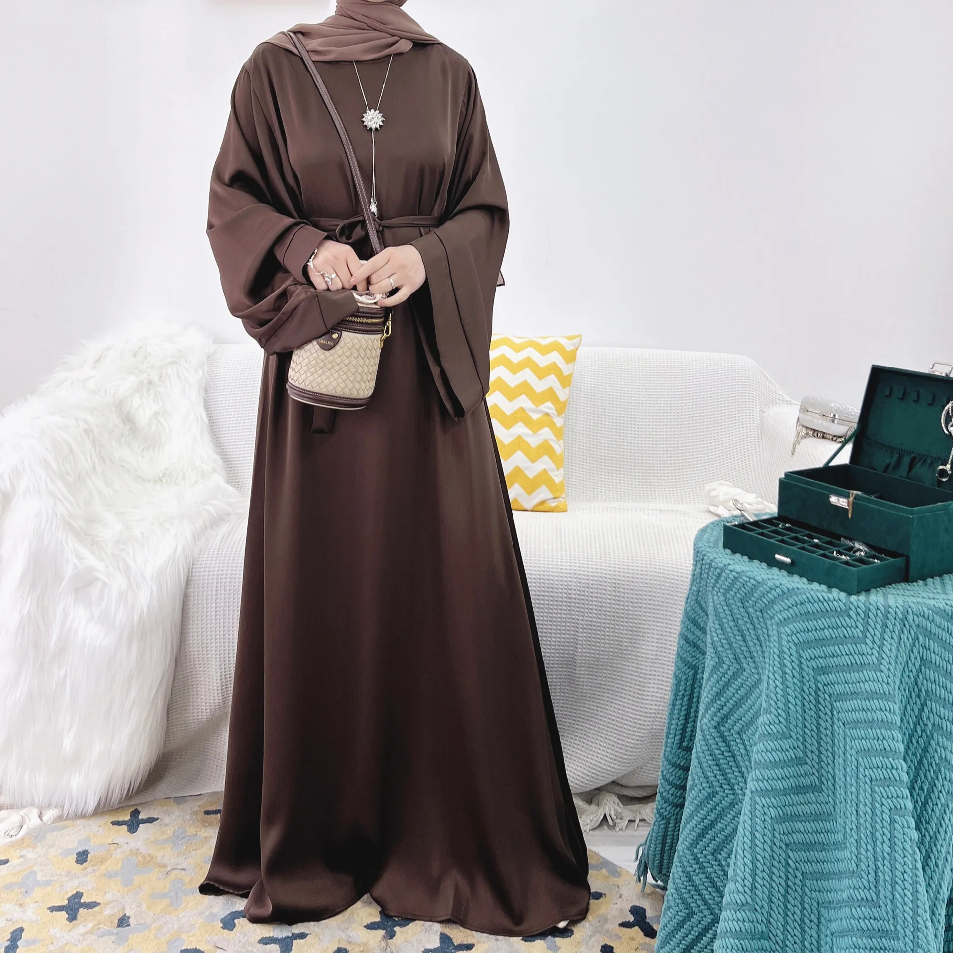 2023 Ramadan Abayas For Women Luxury Loose With Belt Green Black Islamic Prayer Clothes Girl Kaftan Morocco Arabic Wear