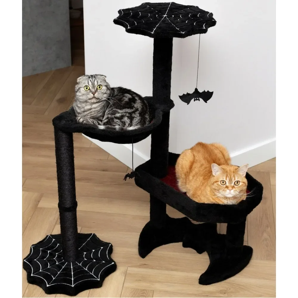 Gothic Cat Tree with Coffin Cats Bed, Hammock, Spider & Bat Goth Cats Toys - 35 Inch Tall Coffin Cat Tree