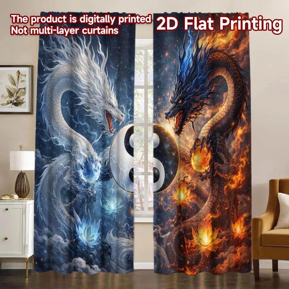 2D FLAT PRINTING 2 Stück Vorhänge (ohne Stange) Dragon Yin Yang Battle Beliebter Fenstervorhang Polyester-Vorhänge Geschenk Perfekt für