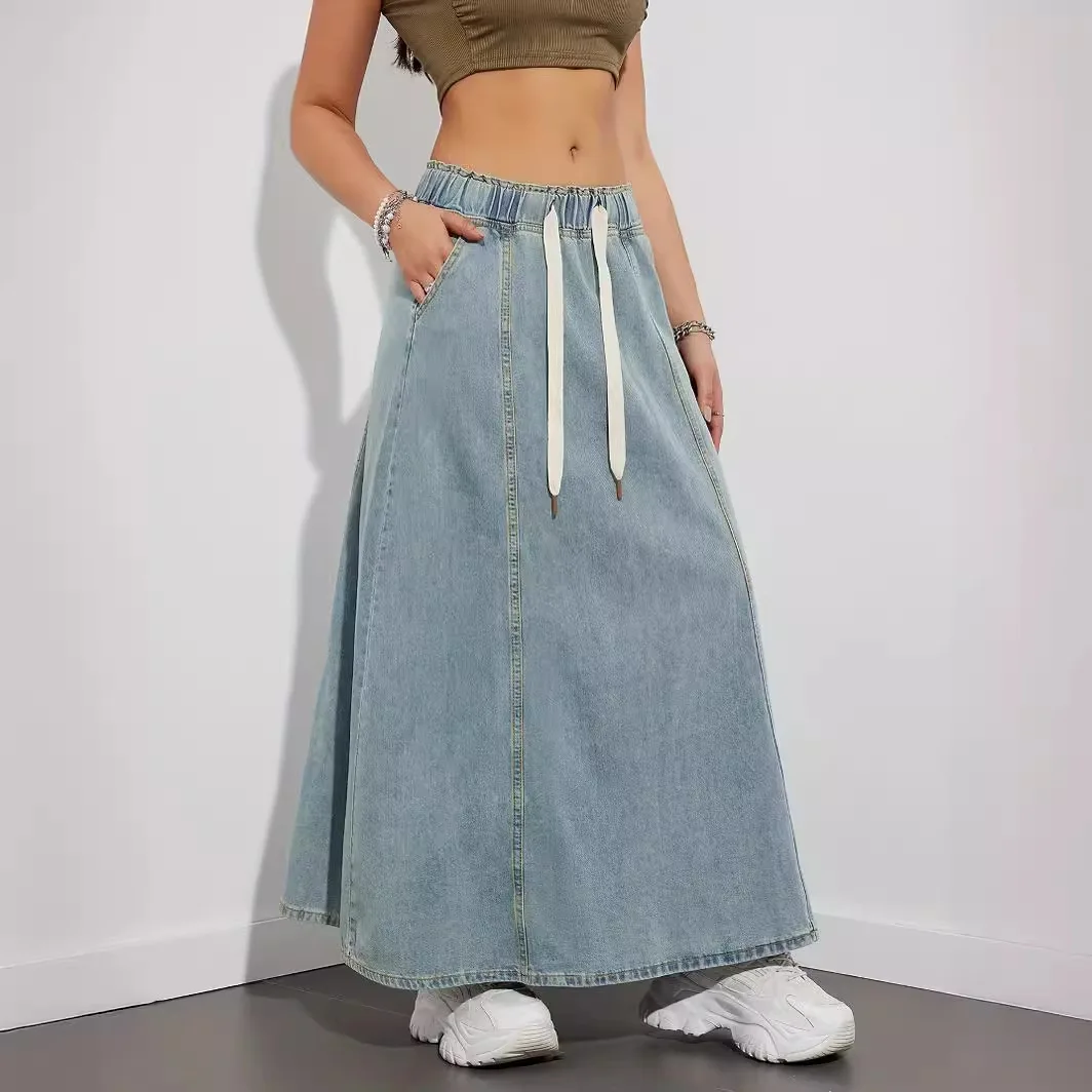 

Denim Skirts Women Mid Length Skirt A Line Slim Fit Streetwear Lace Up Elastic Waist Elegant Splice Y2k High Waist Summer 2025