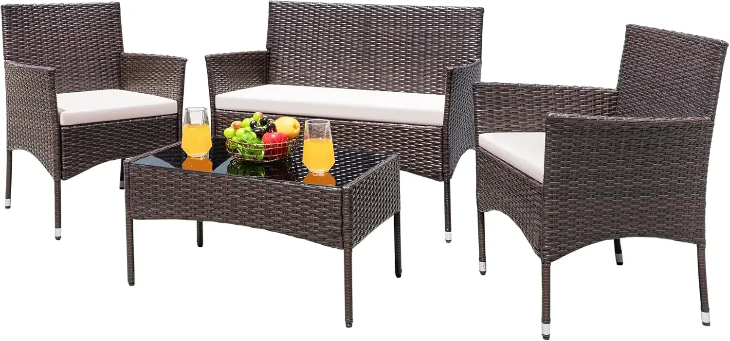 Greesum Patio Furniture 4 Pieces Conversation Sets Outdoor Wicker Rattan Chairs Garden Backyard Balcony Porch Brown and Beige