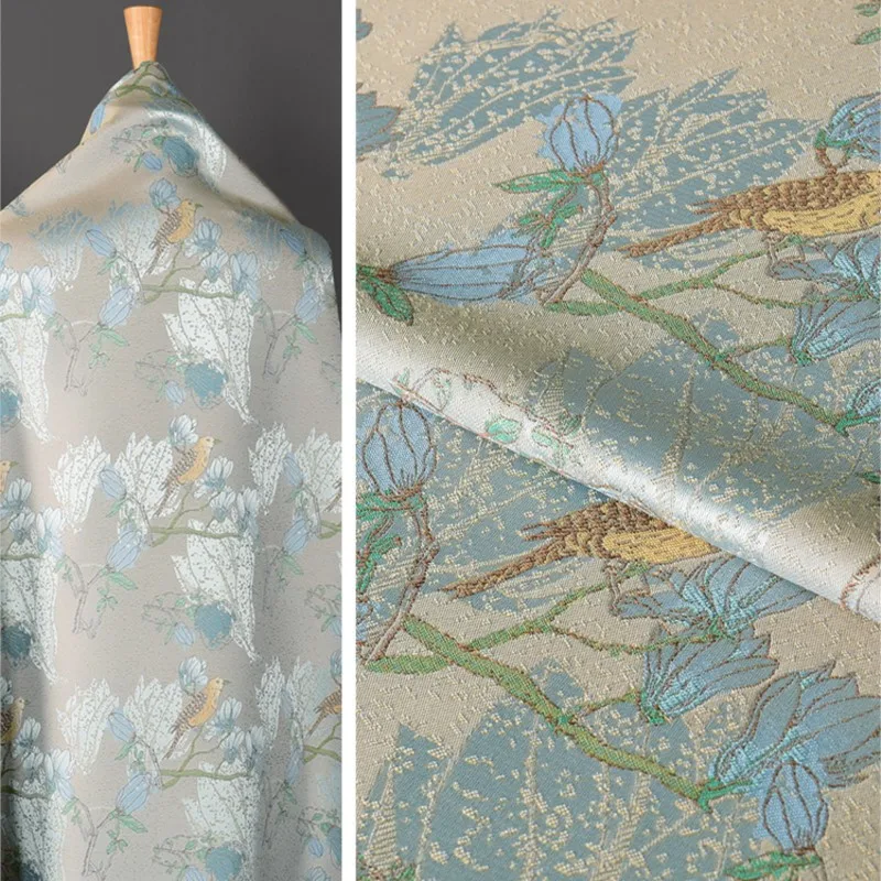 

New Chinese Style Light Blue Brocade Jacquard Fabric with Soft Eyebrows Song Dynasty Cheongsam Coat Clothing