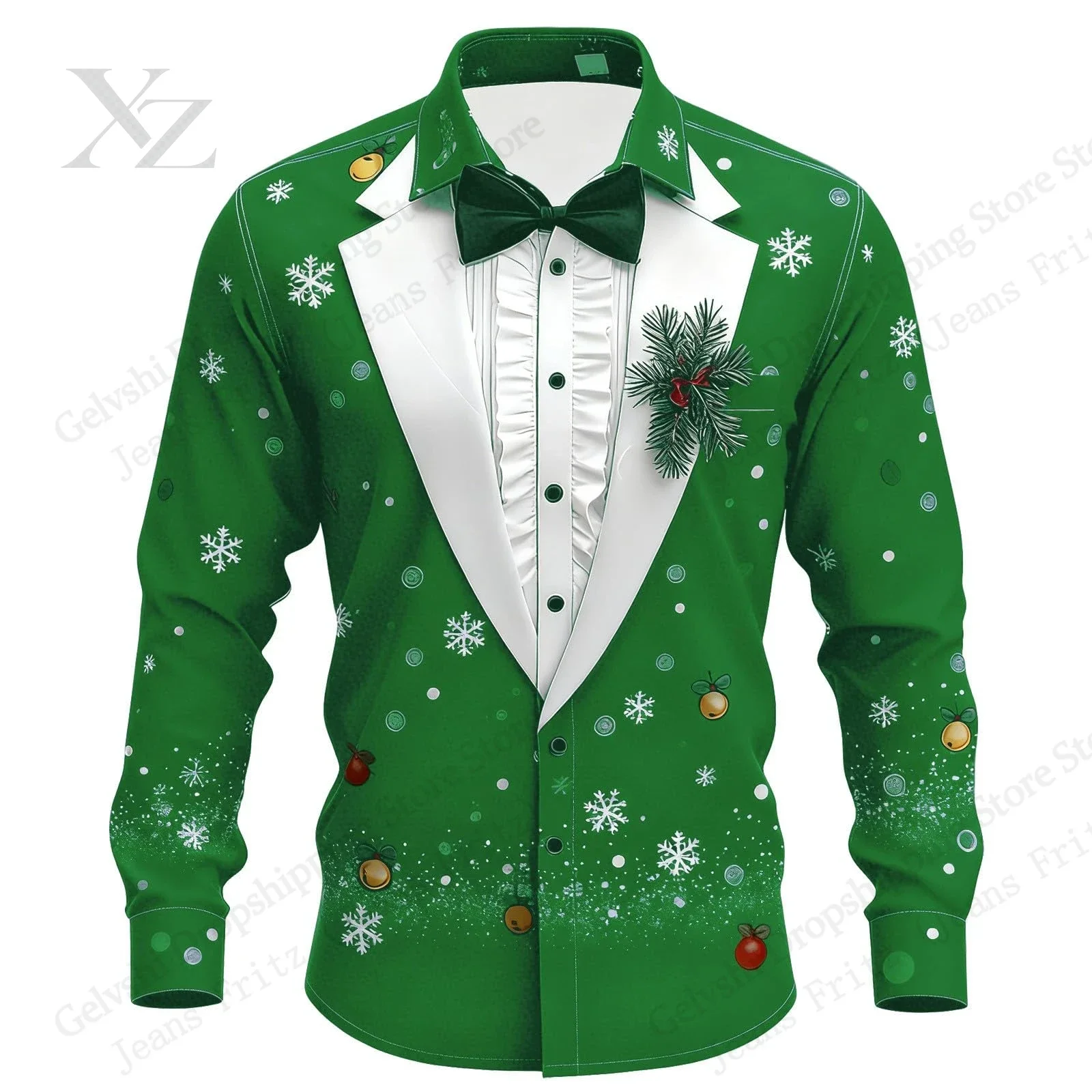 Mens Christmas Tree Long Sleeve Shirt Christmas Fake Suit 3d Print Shirt Men Women Fashion Soft Fit Blouse Men Clothes Snowflake