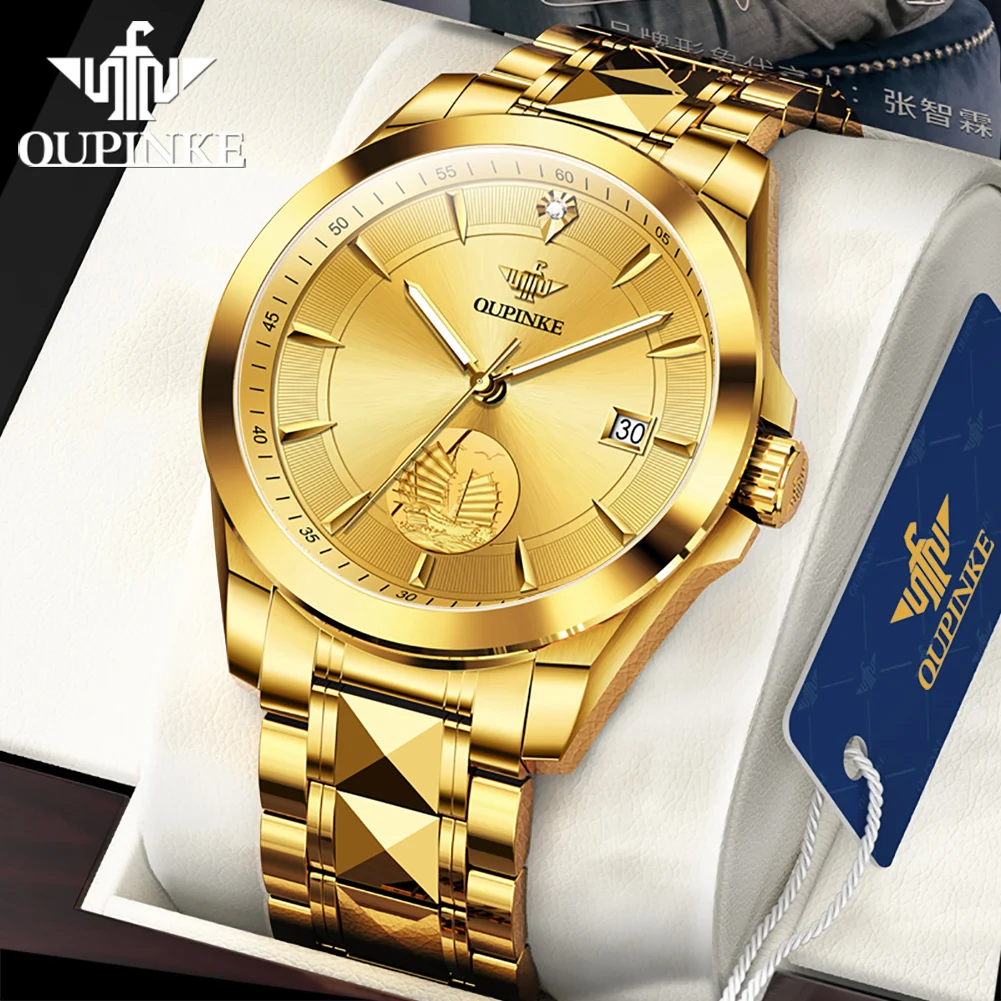 

OUPINKE Men's Watches Luxury Gold Tungsten Steel Original Automatic Mechanical Watch for Man True Diamond Scale Waterproof Date