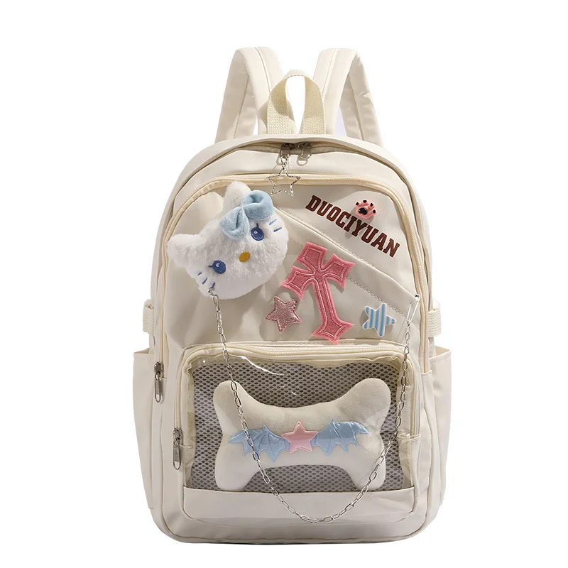 Nueva mochila escolar bonita y dulce de Hello Kitty de Sanrio, cadena de tendencia de dibujos animados, mochila de viaje de gran capacidad para compras