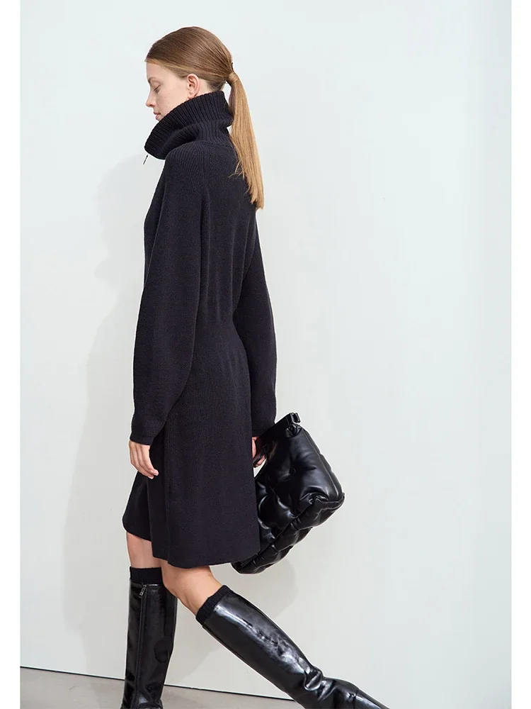 Amii Minimalist 2025 Winter New Women's Casual Knitted Skirt Lapel Shoulder Sleeve Zipper Semi-open Placket Waist Dress 12444240