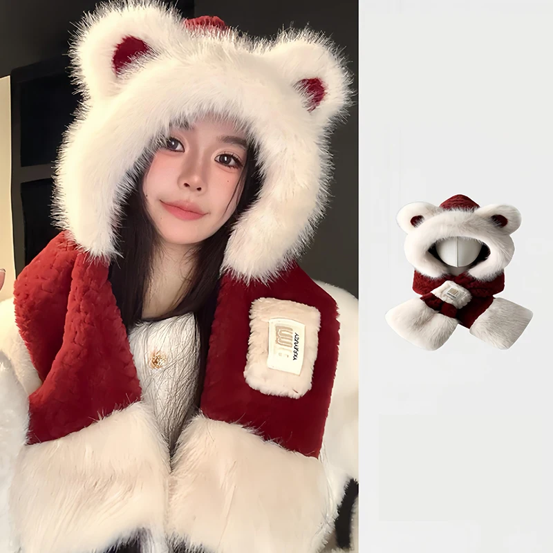 

Cute Plush Winter Integrated Cap Scarf Windproof Thickened Beanie Hat Scarf Casual Soft Neck Warmer Cycling