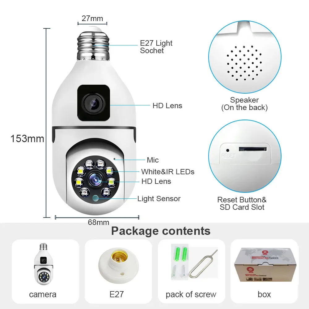 Saikiot V380 Pro 4MP 8MP 4K E27 360 Bulb Camera WIFI Dual Lens Camera Bulb Color Night Vision CCTV Security Wireless Bulb Camera