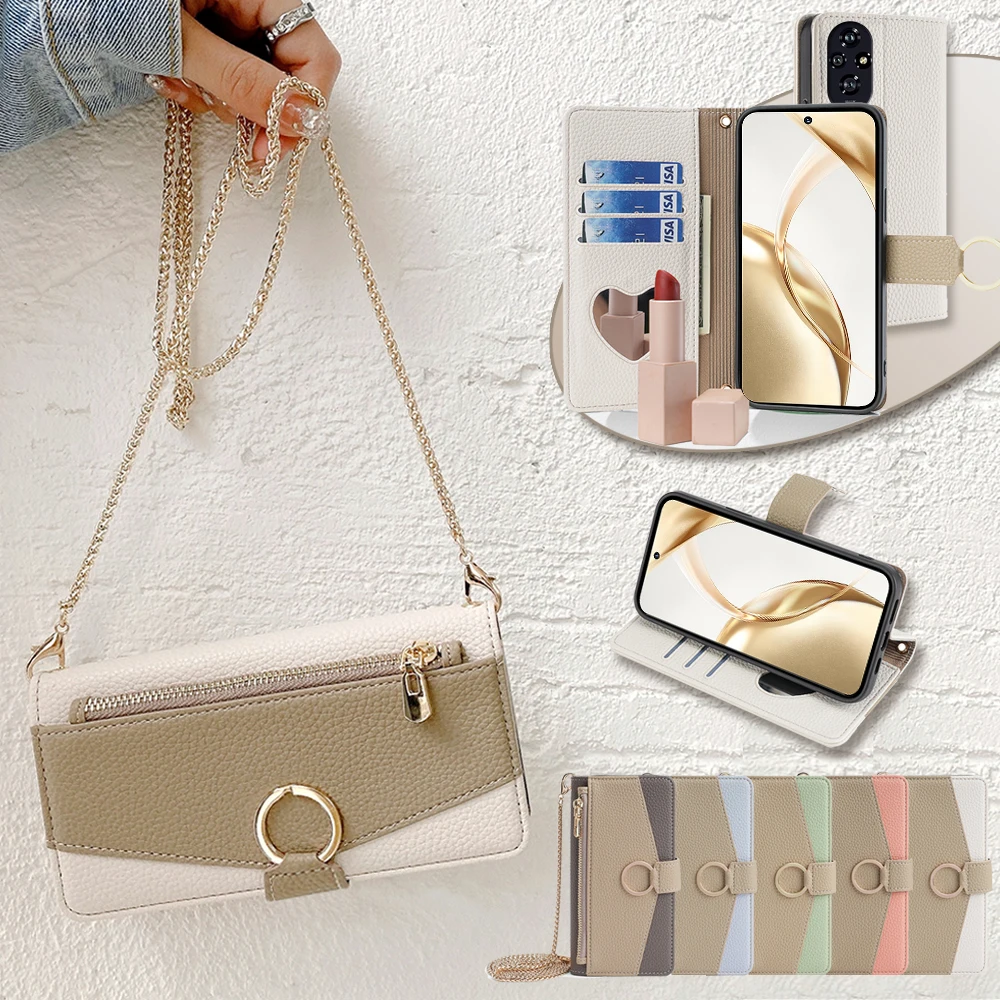 

Fashion Zipper Wallet Case for Honor 200 Pro 200 Lite 90 Smart 5G Flip Leather Crossbody Case With Shoulder Strap Cord Funda