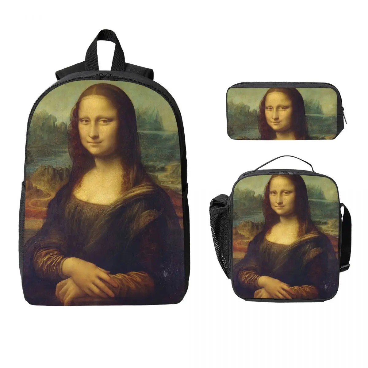 

Mona Lisa By Leonardo Da Vinci Backpack Student BookBag School Bag Computer Shoulder Bags 3ps Insulated Lunch Bag Pencil Case