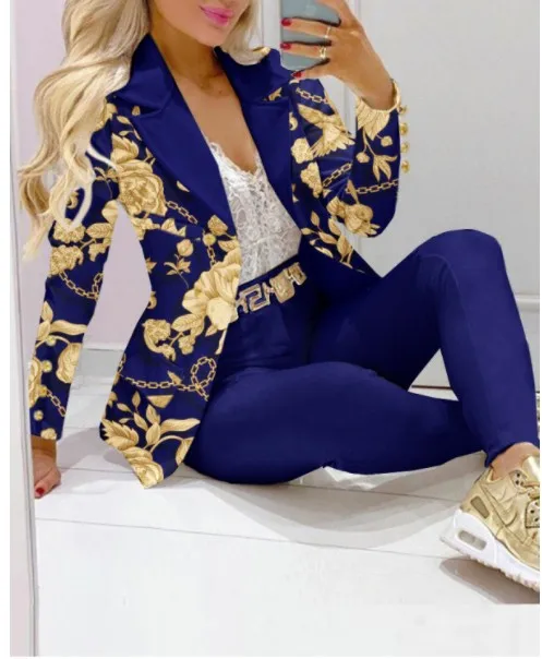 Casual Stripe Print Suit Coat Pants Set Office Lady Fashion Elegant Long Sleeve Top Trousers Two Piece Set Women Outfit 2023