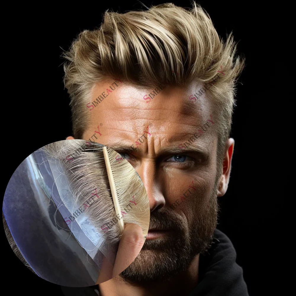 4T613 Ombre Blonde Men Hair System Prosthesis Thin Skin Vloop 0.06mm Men Toupee Natural Front European Human Hair Grey Black Wig