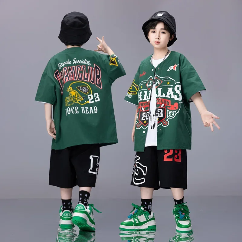 Boys Hip Hop Clothing Dark Green Baseball Uniform Tops Axe print shorts for Girls Kids Jazz Dance Costume Clothes