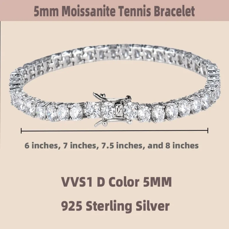 5Mm , Round Tennis 18K White Gold Plated 925 Sterling Silver Bracelet Delicate Moissanite Bra