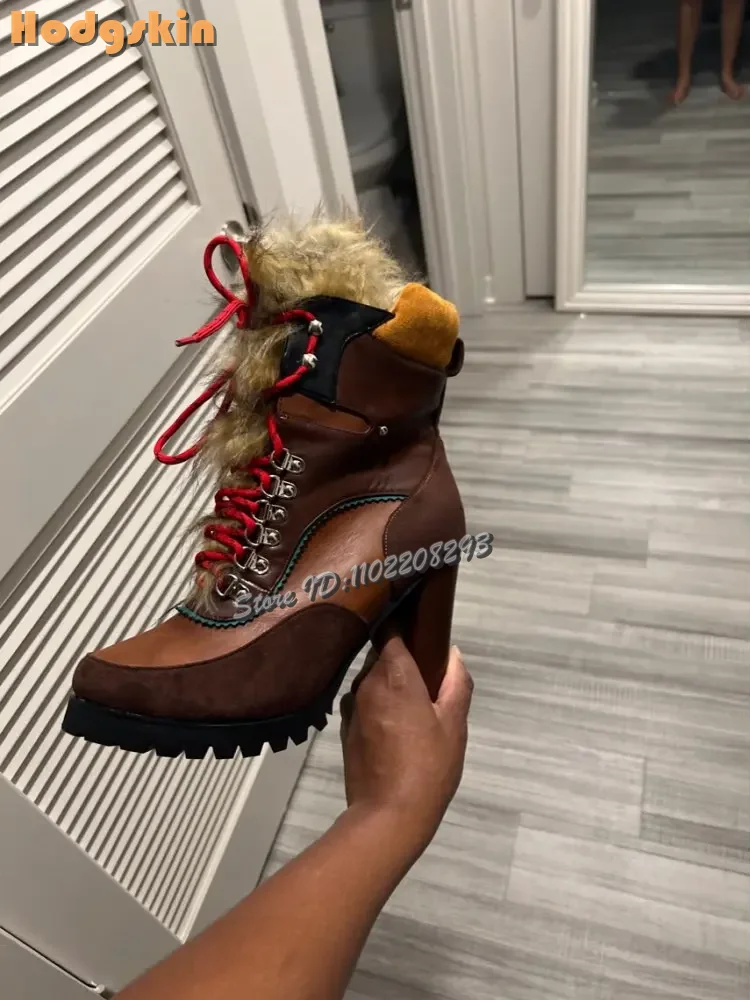 Retro Patchwork Faux Fur Ankle Boots Round Toe Lace Up Rivet Chunky High Heel Platform Short Booties 2026 Fashion Women Shoes