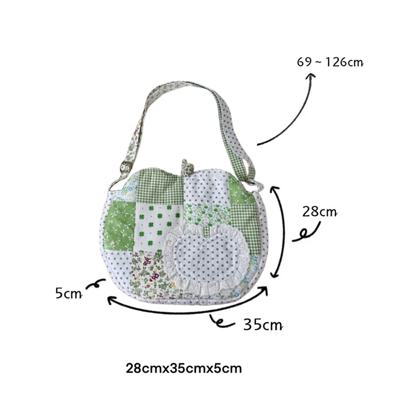 Patchwork-Stoff-Umhängetasche, Apfelförmige Handtasche mit Blumen- und Punktmuster für Damen, Mädchen, Studenten, Cottagecore, süße Handtasche – Detail 1