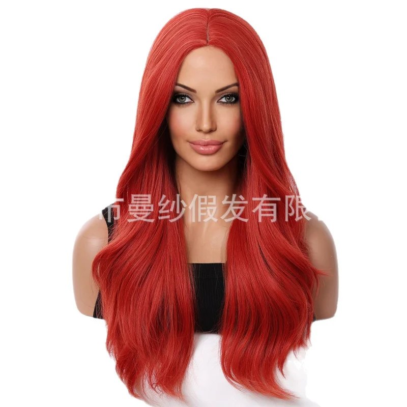 European and American style bright red long wavy curly hair daily voluminous women's high-temperature fiber full head wig