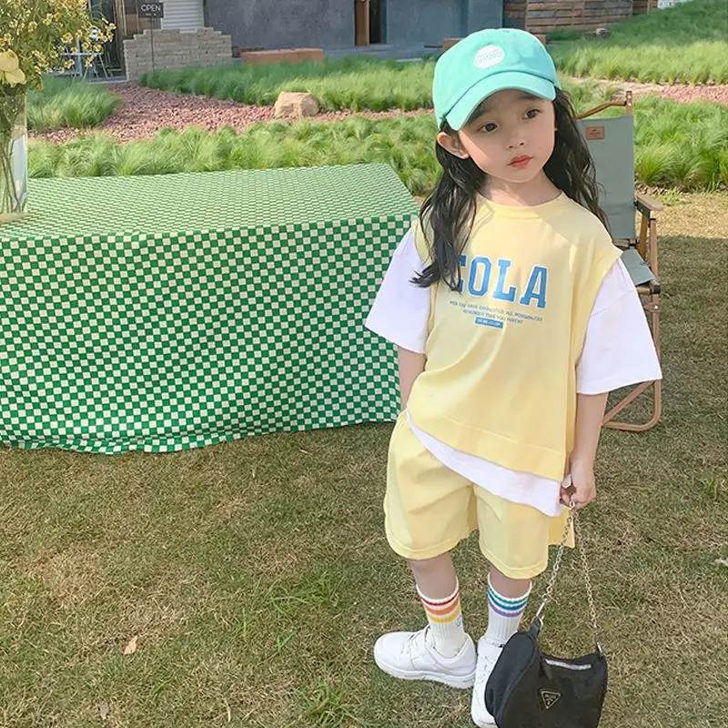 Girl 2024 New Summer Casual T-shirt Suits Korean Style Baby Youth Teenage Girls Short Sleeve Contrast Color 2Pcs Clothes Sets