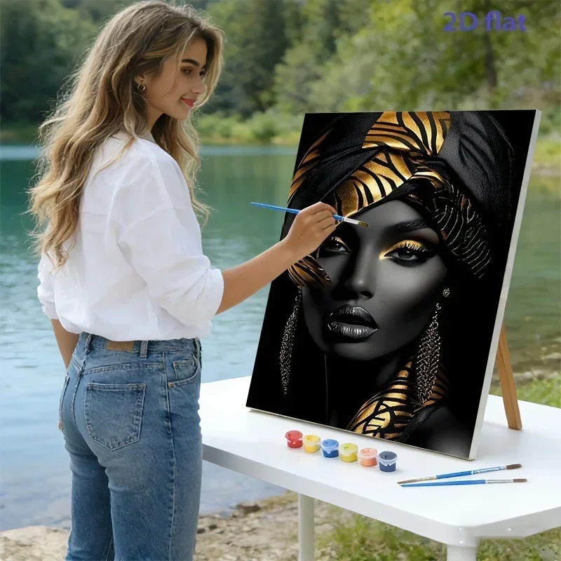 Professional Art Use A Digital Painting Kit for Adults, Featuring a 'Black Golden Style Character - Fashionable Female Portrait'