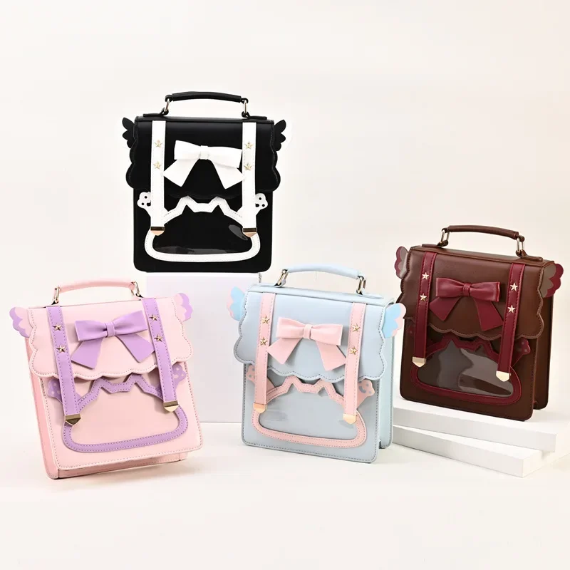 JK School Bag Lolita Bow Star Bow Wing Backpack Kawaii Transparent Uniform Shoulder Bag Women Purse Handbag Cosplay